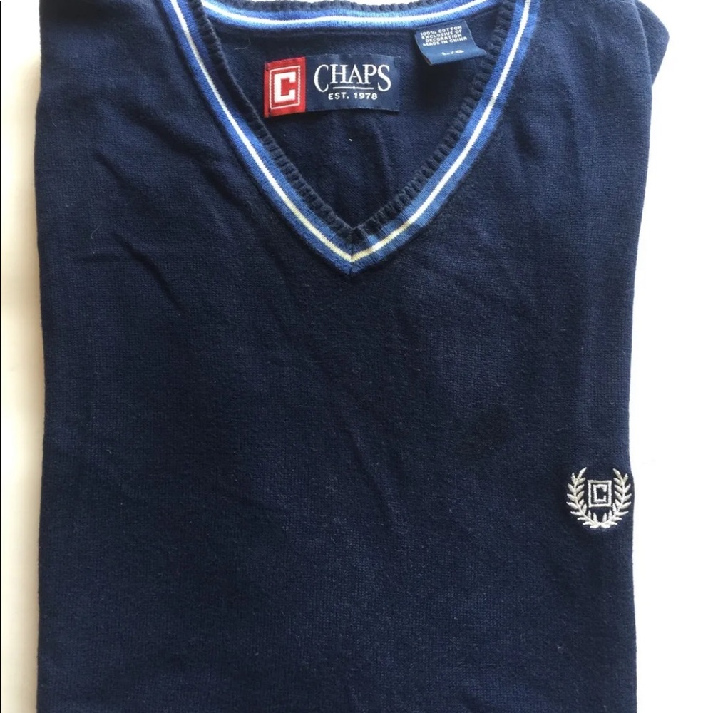 Chaps Ralph Lauren Blue V-Neck Long Sleeve Men Sweater Large 100% Cotton